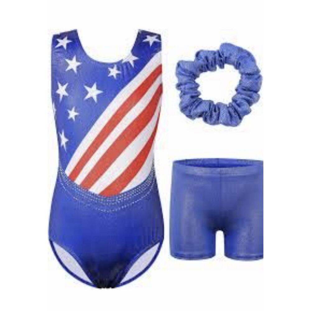 BAOHULU Girls Blue/white/red Stars Sparkly Gymnastics 3pc Leotard Set 12yr